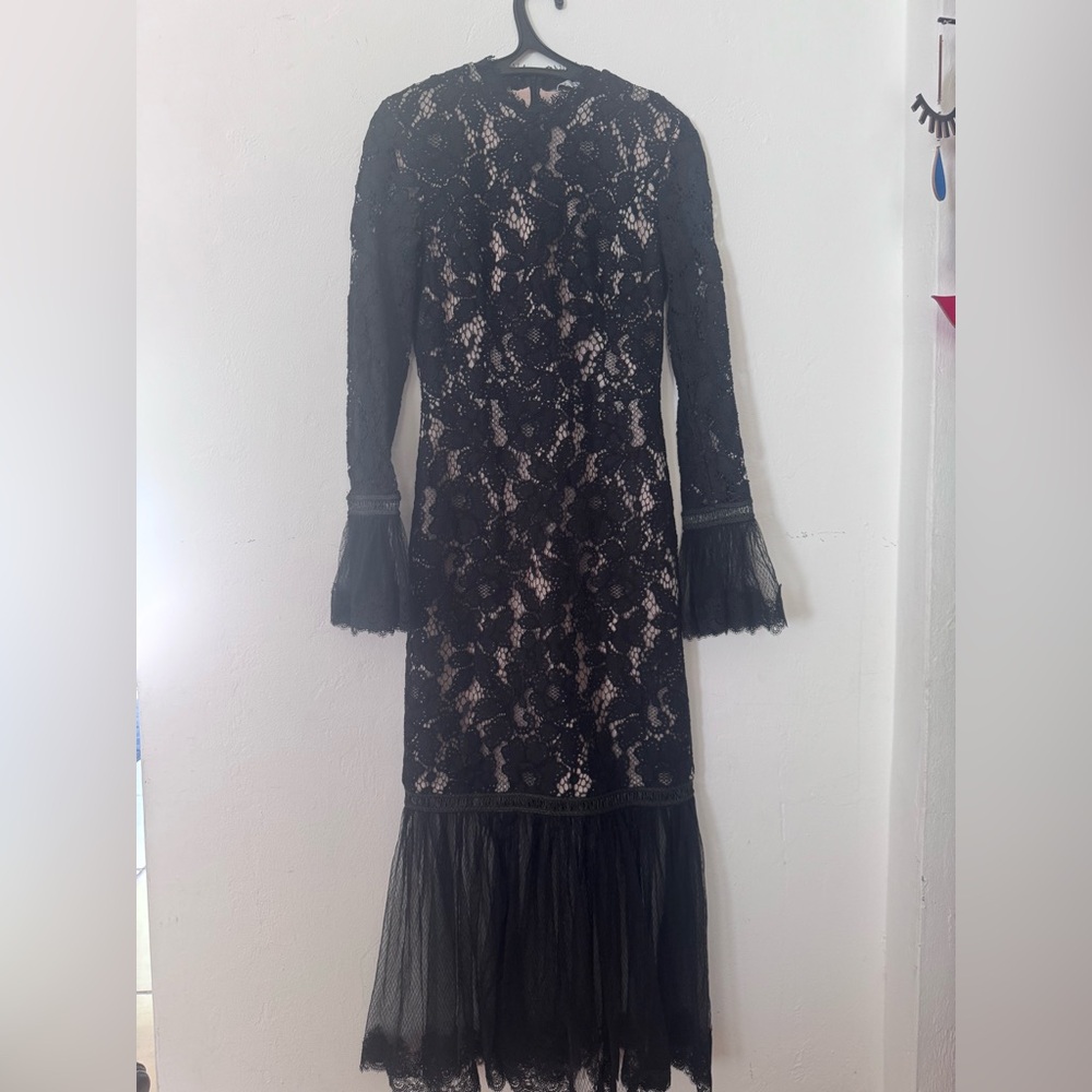 Alexis Black Lace Long-Sleeve Sheer-Tulle Midi Dress